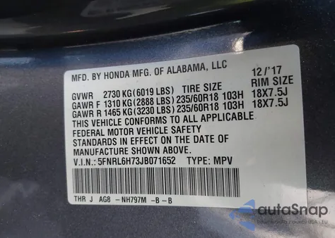 2018 Honda Odyssey Ex-L z USA, uszkodzony, nr VIN 5FNRL6H73JB071652